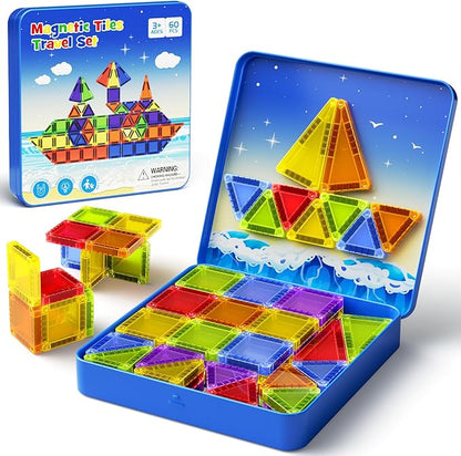 60PCS Mini Magnetic Tiles Travel Set with Metal Storage Box, Magnetic Blocks Kids Toy 3D Clear Magnetictiles Road Trip ‌Essentials Montessori Preschool Classroom Must Haves Xmars Gift for Age 3+