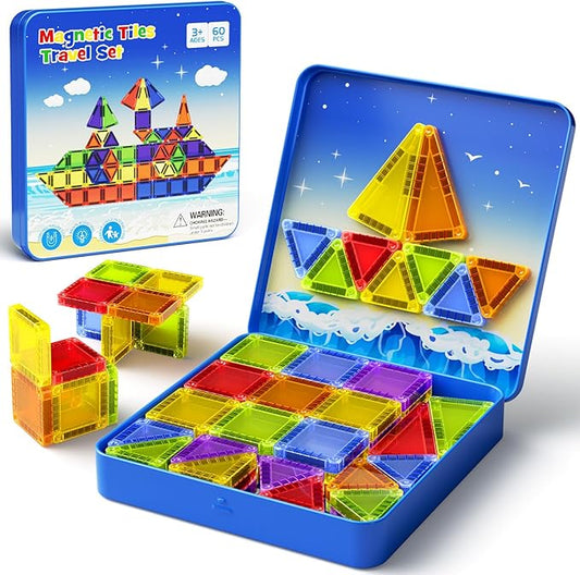 60PCS Mini Magnetic Tiles Travel Set with Metal Storage Box, Magnetic Blocks Kids Toy 3D Clear Magnetictiles Road Trip ‌Essentials Montessori Preschool Classroom Must Haves Xmars Gift for Age 3+