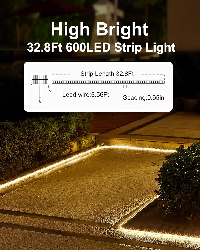LUHLEE Solar LED Strip Lights Outdoor,Brighter 600 LED 32.8FT Solar String Lights Outdoor with Remote,8 Lighting Modes Auto ON/Off Rope Lights for Outside,Deck,Steps,Christmas Decor Lighting