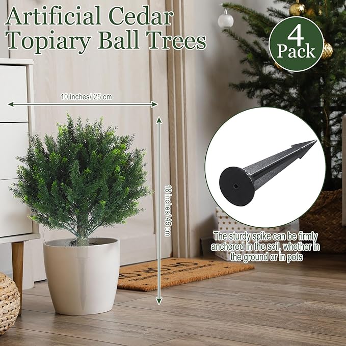 Yunlly 4 Pcs Artificial Cedar Topiary Ball Fake Tree 18" Bush Front Porch Decor Artificial Shrubs for Outdoors Faux Cypress with Ground Spike, Evergreen Plants for Indoor Garden Patio, UV Resistance