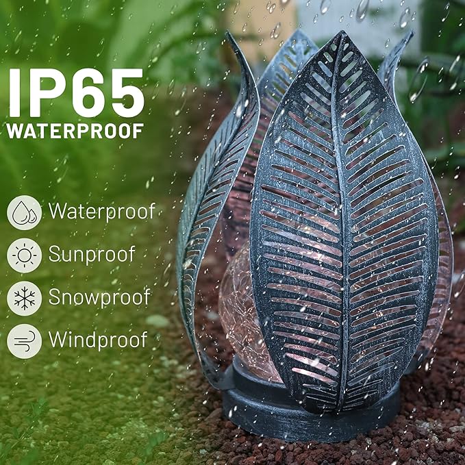 Solar Lights Outdoor Waterproof Garden Decor Crackle Glass Globe,Metal Yard Art Solar Outdoor Lights for Table Decor Porch,Patio Decorations.Gardening Gifts for Women/Mom