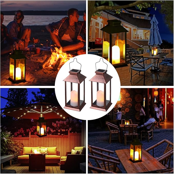 2 Pack Solar Lanterns, Outdoor Garden Hanging Lanterns, LED Flickering Flameless Candle Mission Lights for Yard,Table,Patio(Bronze)