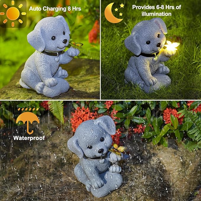Solar Dog Statue Garden Decor with Butterfly Light – Waterproof Outdoor Yard Art for Patio, Lawn, Balcony for Mother’s Day, Father’s Day, Housewarming, Mom, Dad, Grandma, Men, Women