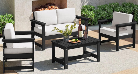 SERWALL 4-Piece Outdoor Patio Sofa Set, HDPE All-Weather Loveseat Sofa with Cushions & Coffee Table, Black Frame & Khaki Cushions