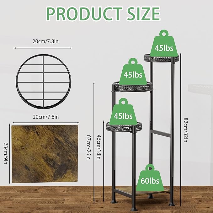 4 Tier Plant Stands Indoor Clearance , 31.5 Tall Corner Plant Shelf for Multiple Plants, Black Metal Wood Tall Plant Display Rack Flower Holder for Patio Porch Garden Balcony Bedroom