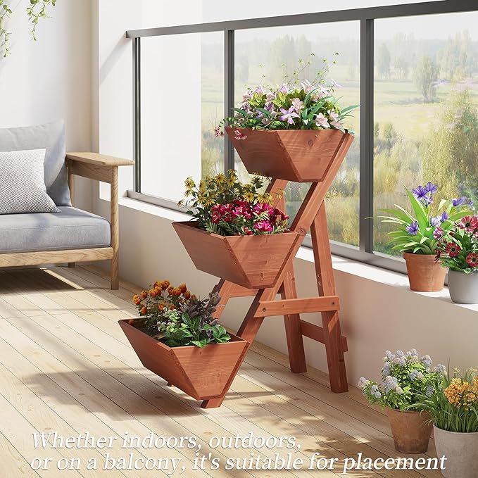 3-Tiers Wooden Raised Garden Bed,Wood Planter Box for Vegetable,Flower Rack,Flower Pot Stands,Indoor Outdoor Gardening Planting Beds (Brick red, Small)