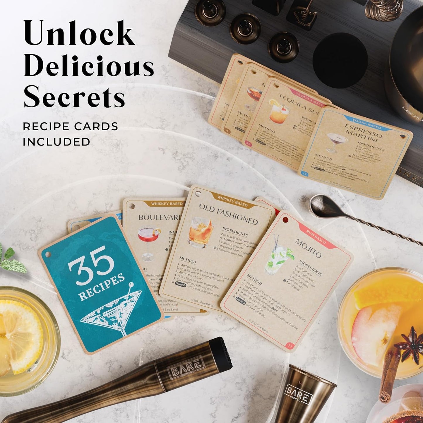 BARE BARREL® Mixology Bartender Kit Bar Set | 14-Piece Cocktail Shaker Set | Martini Barware Mixing Tools for Home Bartending | Incl. 35 Recipe Cards | Gift Set (28oz Boston Shaker, Brass/Black)