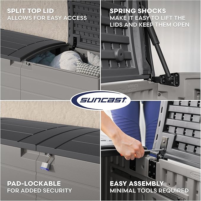 Suncast 120-Gal. All-Weather Patio Deck Box with Pad-Lockable Split Top Lid, Extra-Large Outdoor Storage Unit for Patio Furniture and Grill Tools, Made in the USA