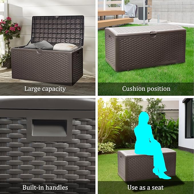80 Gallon Pro Outdoor Storage Box Waterproof Lockable Resin Deck Box Large, Patio Storage Bin for Pool Accessories Cushion Furniture, Garden Tools, UV-Resistant Outside Delivery Brown