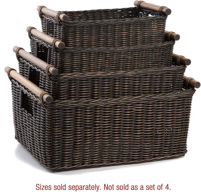 The Basket Lady Pole Handle Wicker Storage Basket, Medium, 16 in L x 12 in W x 8.25 in H, Antique Walnut Brown