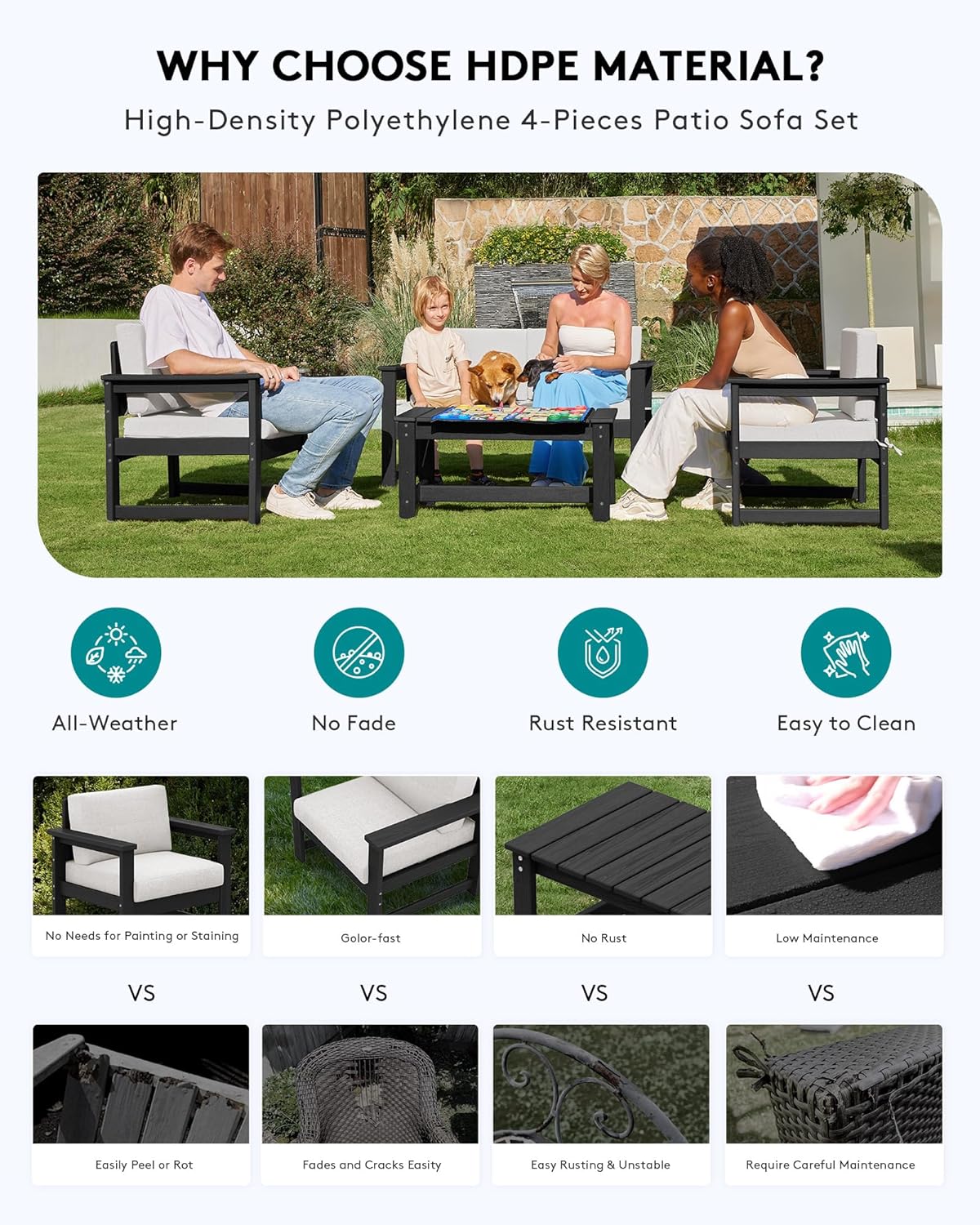 SERWALL 5 Pieces HDPE Outdoor Conversation Sofa Set with Cushions, All Weather Use Patio Couch Loveseat Furniture with Coffee Table, Black Frame with Khaki Cushions