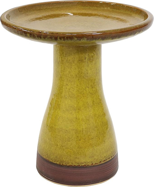 Sunnydaze 21" H Ceramic Bird Bath for Outside - Hand-Painted Outdoor Bird Bath Bowl, UV/Frost-Resistant Finish - Cognac Yellow - Ribbed Pedestal