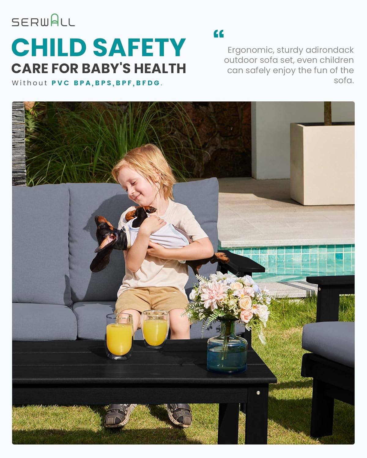 SERWALL Outdoor Patio Furniture Set, 5 Piece HDPE Patio Conversation Sets, All-Weather Wood-Like Outdoor Couch Loveseat and Coffee Table with Thick Cushions for Porch Balcony Garden Backyard