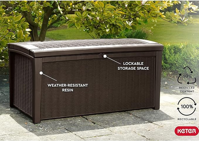 Keter Outdoor Storage Deck Box, for Patio, Backyard & Garden, Borneo, 110 Gallon, Brown - Lockable, Organizing, and Waterproof Plastic Container Bench