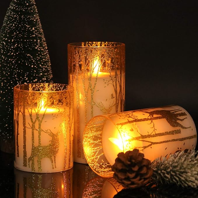 Christmas Deer Flameless Candles with Remote Timer, Glass Battery Operated Pillar Candles with Gold Elk Decor, LED Flickering Candles with 3D Wick and Real Wax for Winter Christmas Home Decor