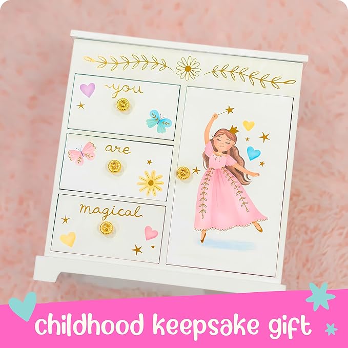 Giggle & Honey Princess Musical Jewelry Box for Girls - Kids Music Box with Drawers, Fairytale Gifts for Girls Birthday, Princess Jewelry Boxes for Ages 3-10 - 9 x 5 x 9.3 in, White