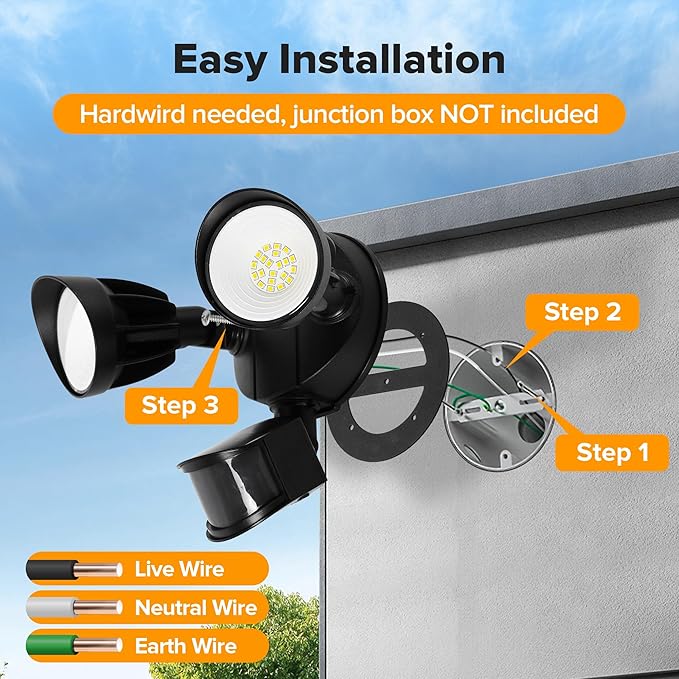 UME LED Security Light Motion Sensor Outdoor Lights, 27W 3000LM, 5000K, IP65 Waterproof, Dusk to Dawn, 2 Head Motion Detector Flood Light for Outside, Garage, Yard (Black)
