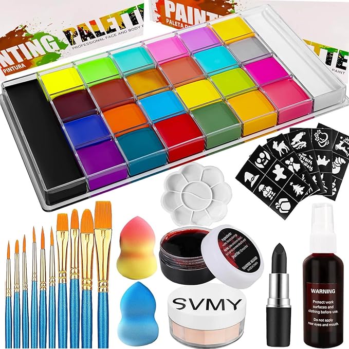 26 Colors Professional Face Body Paint Kit, Oil Face & Body Paint Kit for Halloween,including 26 Colors Face Paint/Paint Stick/ Brushes/ Special Effects Sticker for Halloween/Fake Blood