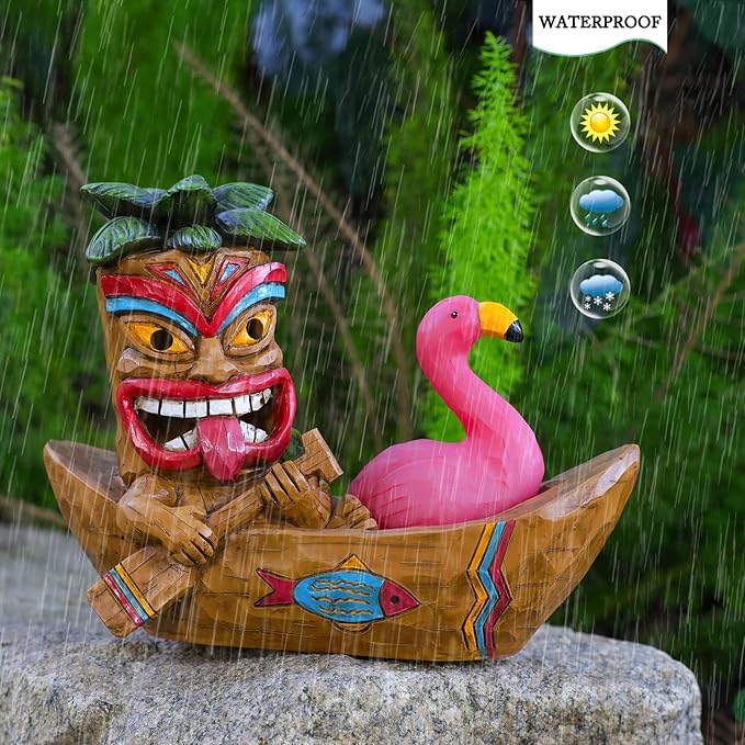 Solar Tiki Statue Outdoor Decor-Tiki Bar Decor -Outdoor Tiki Statue Decoration for Garden,Lawn,Balcony,Yard,Tiki Flamingos Boating Hawaiian Tropical Decor Figurine Gift