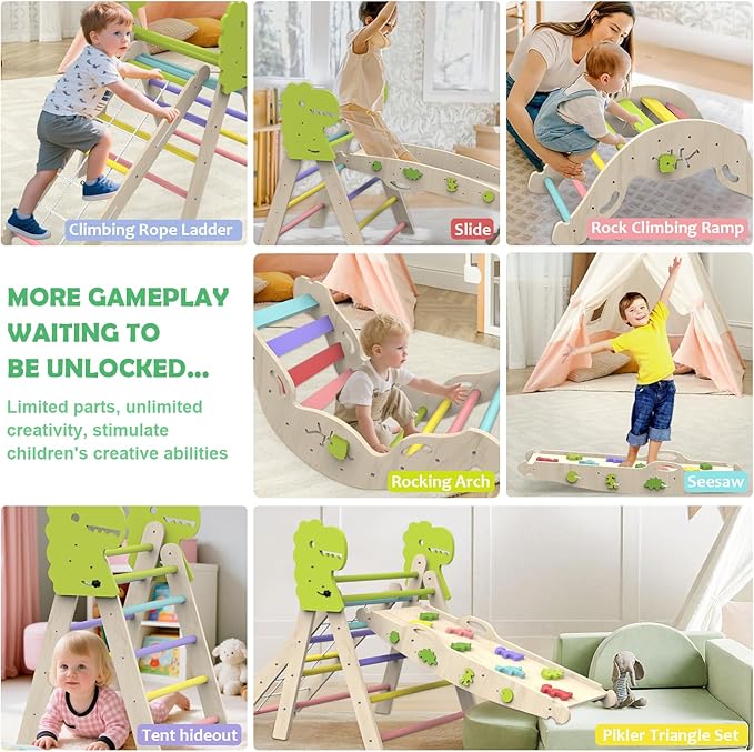 Pikler Triangle Set with Cushion, 12 in 1 Toddler Montessori Toys Indoor Baby Climbing Gym Pikler Triangle Climbing Set Wooden Toy Climbing Rope Ladder, Shape Sorter, Push Car 【Dinosaur Toys】