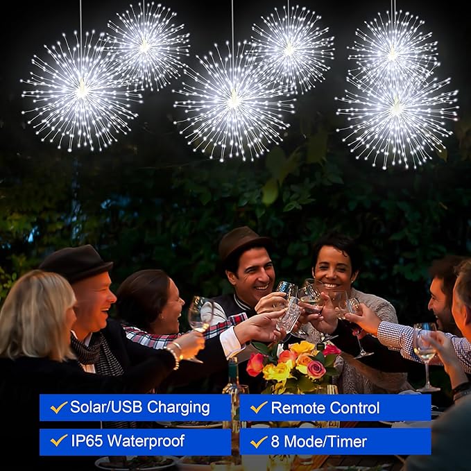 Solar Firework Lights Outdoor, 1000 LED Starburst Light Outdoor with USB Rechargerable, 8 Modes Waterproof Solar Hanging Lights for Gazebo Yard Party Wedding Decorations (White, 1000 LED)
