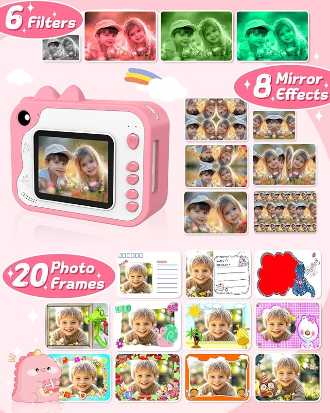 Kids Camera Instant Print, Dinosaur Instant Print Camera for Kids with 1080P Video, 32GB SD Card, 240 Photos, Christmas Birthday Gifts for Boys Girls Ages 3-12 (Pink)