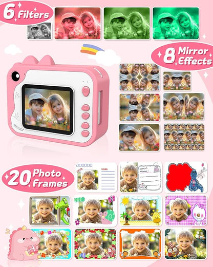 Kids Camera Instant Print, Dinosaur Instant Print Camera for Kids with 1080P Video, 32GB SD Card, 240 Photos, Christmas Birthday Gifts for Boys Girls Ages 3-12 (Pink)