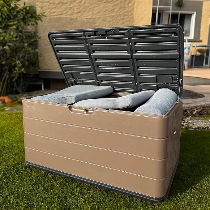 Heavy-Duty 100 Gallon Outdoor Storage Bench - Waterproof Patio Deck Box for Outside Use, Lockable Resin Storage with UV Protection, Granite Grey