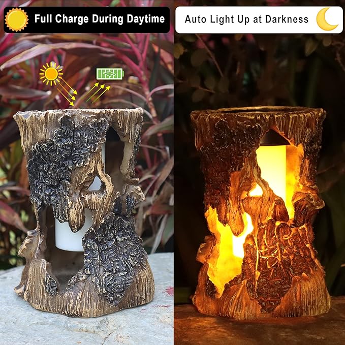 pearlstar Solar Lanterns Outdoor Tree Stump Fire Flame Light Halloween Decorative Solar Powered Lantern Waterproof Decor for Patio Garden Yard Pathway Lawn Deck,1PACK