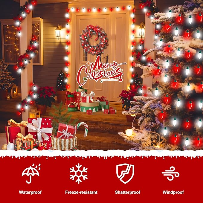 C9 Bulbs Classic Christmas Lights - 50 LED 32ft Strawberry String Light Red&White - Extendable 8 Modes Funtion with Timer Fairy Lighting for Outdoor, Indoor, Party, Home, Tree Decorations