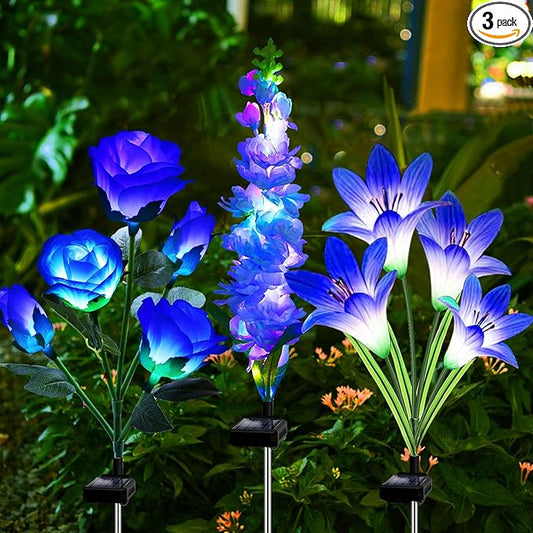 Solar Garden Lights Waterproof, 3 Pack Solar Flowers Lights Includes Lily Rose Delphinium,Gardening Gifts for Mom Grandma Women ,7-Color Changing Outdoor Decor Solar Lights for Garden Yard Patio Lawn