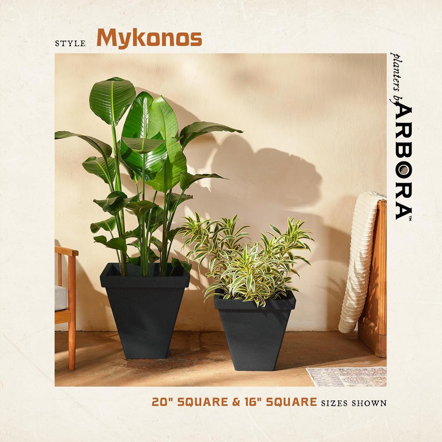 ARBORA 20" Mykonos Square Polyresin Indoor and Outdoor Planter with Classic Black Finish - Durable, Weatherproof, Lightweight, Large Plant Pot for Patio, Garden, Deck, Entryway