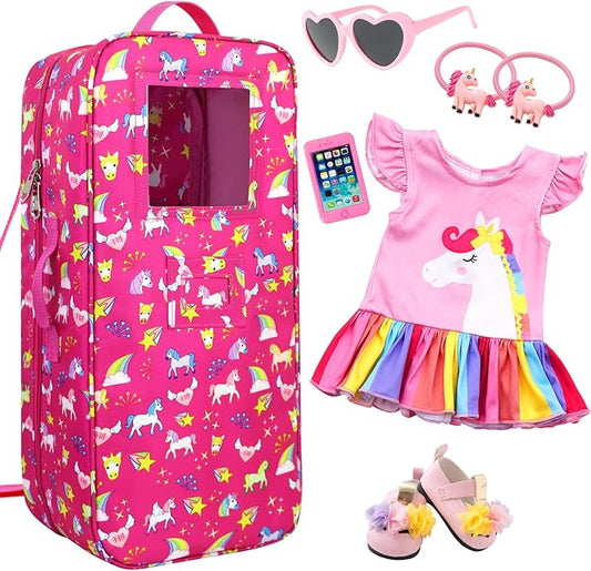 Ecore Fun 7-Piece 18" Unicorn Doll Carrier with Accessories: Doll Case, Clothes, Shoes, Sunglasses, Phone, Hairpins