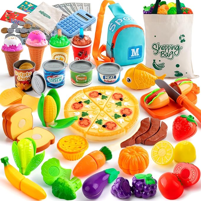68PCS Grocery Store Play Food Sets for Kids Kitchen, Cutting Toy Food with Shopping Bags Calculator for Kids Toddler Pretend Food with Pizza Veggies Fruits Fake Food Play Kitchen Accessories Girl Gift