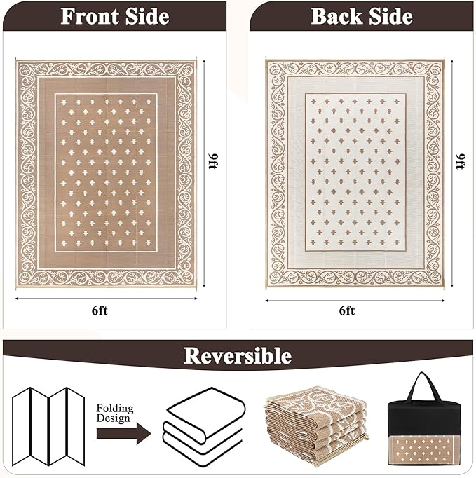 Pauwer Waterproof Outdoor Rug 6x9, Reversible Plastic Straw Patio Camping Rug, Indoor Outdoor RV Mat Carpet for Deck, Camper, Porch, Balcony, Backyard, Picnic, Bordered Beige