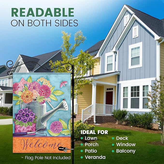 Spring Garden Flags 12.5x18 Double Sided - Floral Watering Can Flag Printed in Premium Polyester - Seasonal House Welcome Banner for Outdoor, Yard, Lawn, Deck, and Patio - Suits Most Holder