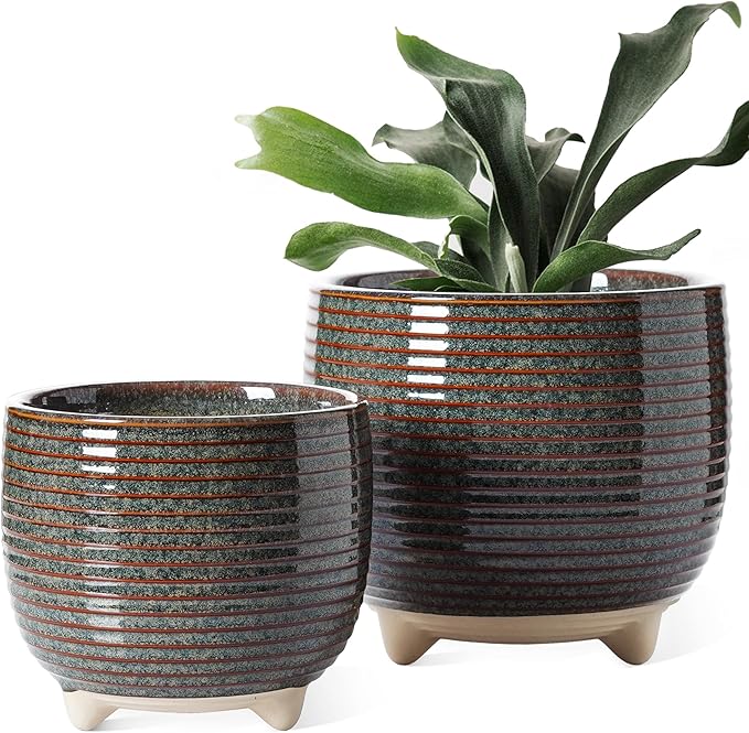 LE TAUCI Ceramic Plant Pots, 5.1 + 6.4 Inch Footed Pots for Plants, Modern Flower Pots for Home and Office, Indoor Planters with Drainage, Reactive Glaze Black