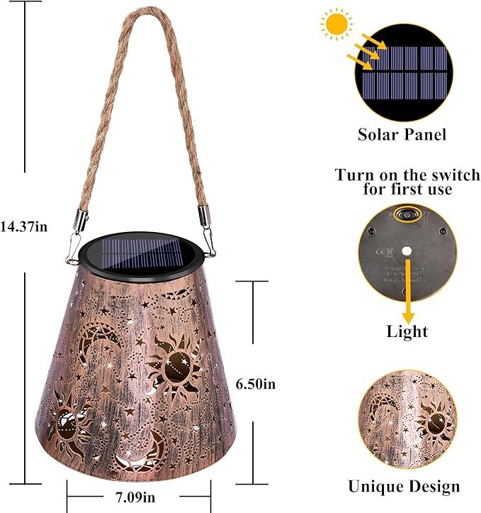 Toodour Solar Lantern Outdoor, Upgrade Hanging Solar Lights Garden Decor, Waterproof Hollow Out Retro Metal Sun & Moon Decorative Lights for Patio, Balcony, Yard, Walkway