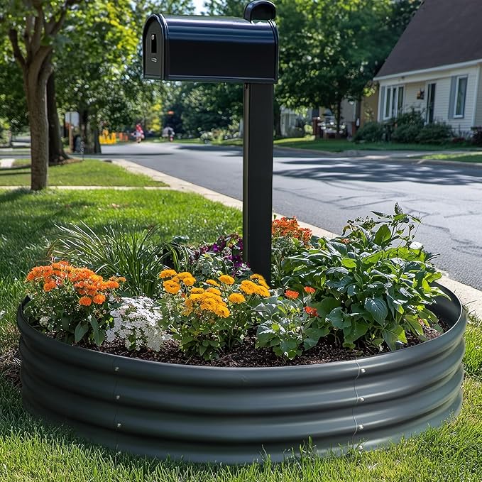 KING BIRD Raised Garden Bed Galvanized Round Planter Box Outdoor for Gardening, Plants, Vegetables, Flowers, Dark Grey, 47x47x12 in