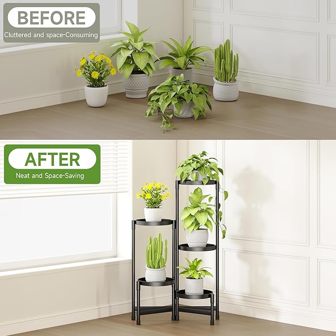 5-Tier Metal Plant Stand Indoor, Foldable Corner Plant Shelf Outdoor, Rotatable Tiered Tall Plant Stand, Black Multiple Plant Stands for Patio Living Room Balcony Garden Home Decor