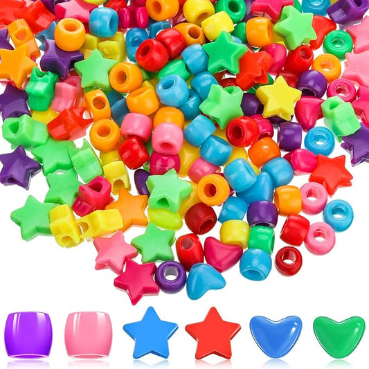 600 Pieces Pony Star Beads Crafts Bulk Hearts Star Colorful Acrylic Beads Large Hole for Bracelet Kawaii Rainbow Necklace Jewelry Crafts Making Valentine Party Favor DIY