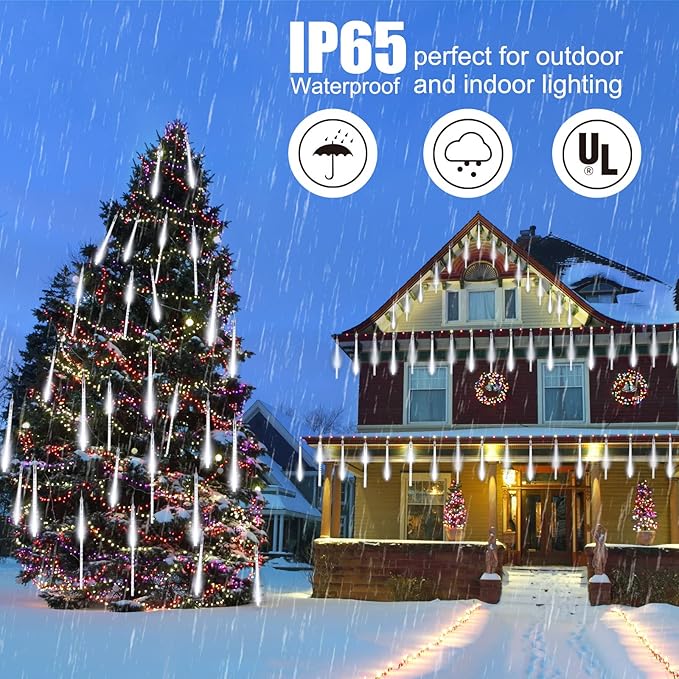 Solar Christmas Lights Outdoor Waterproof, Meteor Shower Lights Solar Powered, 16 Inches 8 Tube 288 LED Solar Icicle Tree Lights for Tree Bushes Holiday Parties Christmas Patio Decor, Pure White