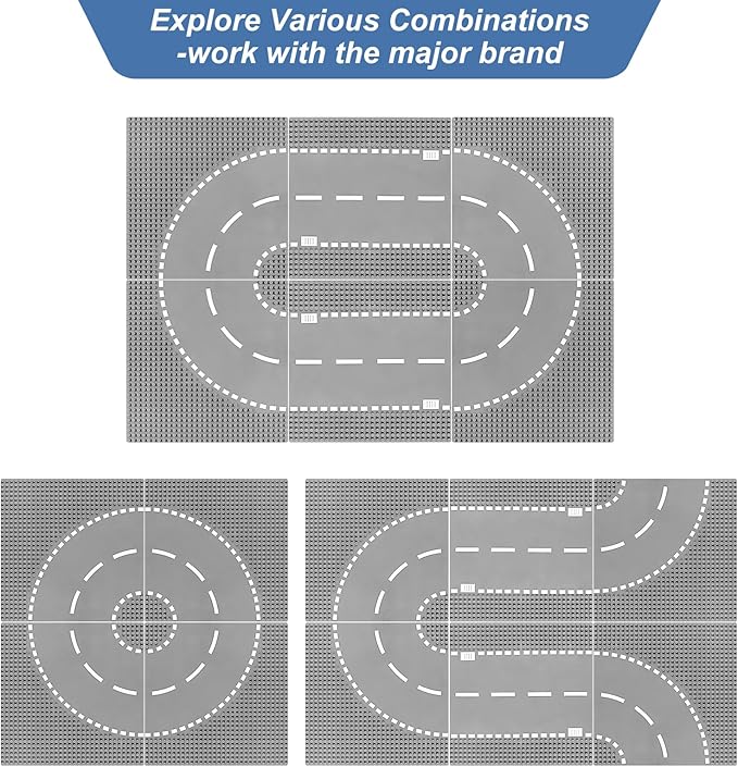6 Pack Road Base Plates for Building, Compatible with Lego Classic Bricks, 10” x 10” Baseplates Fits for Lego Roads, Road Base Plates for City Sets (Attached DIY Stickers)