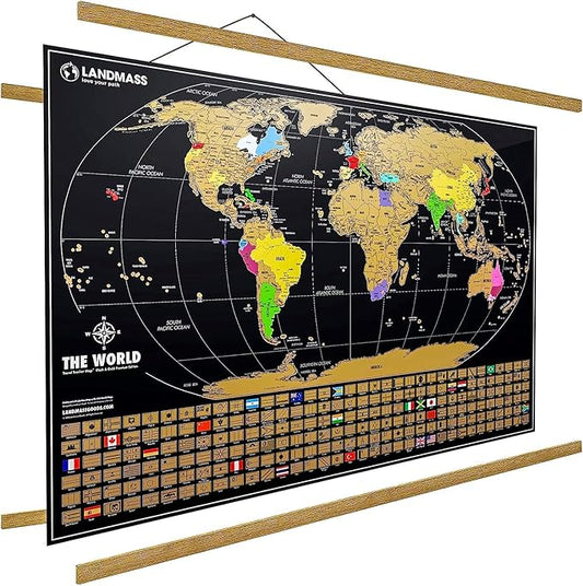Landmass Scratch Off World Map, with Wood Hanger Frame, Extra Large 36x24 Inch Travel Map Poster, Scratchable Flags and Countries, Wall Art for Travelers, Adventure Gift for Home or Office Decor