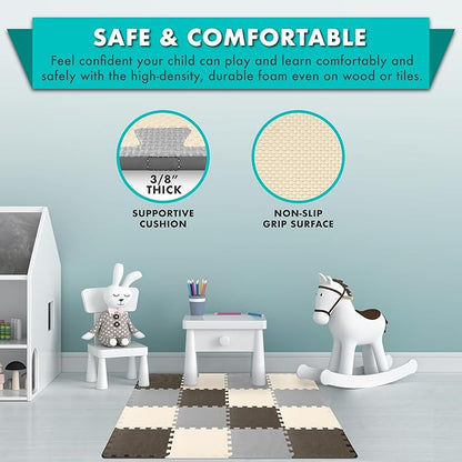 ProSource Foam Puzzle Floor Play Mat for Kids and Babies with Solid Colors, 36 or 16 Interlocking Tiles with Borders, Brown/Beige/Grey