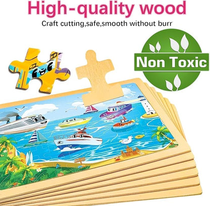 Christmas Wooden Puzzles for Kids Ages 4-6,6 Pack 60Pcs Jigsaw Wooden Car Truck Puzzles for Toddlers 3-5,Preschool Educational Brain Toys Gifts for Boys and Girls 2 4 3 5 Year Old（Vehicle）