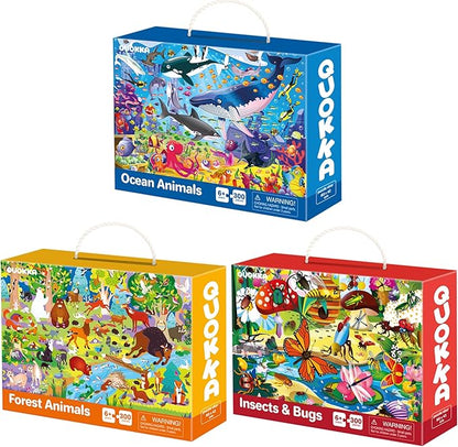 QUOKKA 300 Pieces Puzzles for Kids Ages 8-10 - 3X Set Floor Jigsaw Puzzles - Toy for Learning Ocean & Vimel & Bugs for 10-12 Year Old – Jigsaw Educational Game Gift for Boys and Girls