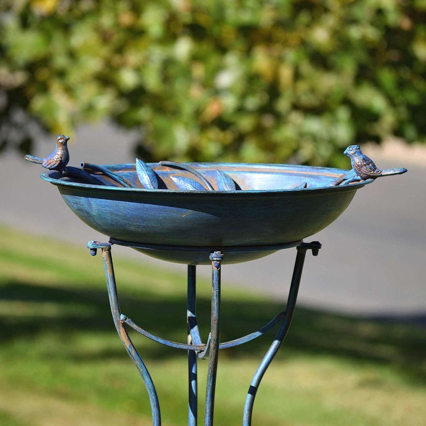 Zaer Ltd. Deep Well Made Metal Birdbath with 2 Cast Iron Birds and Leaf Decoration (Frosted Blue)