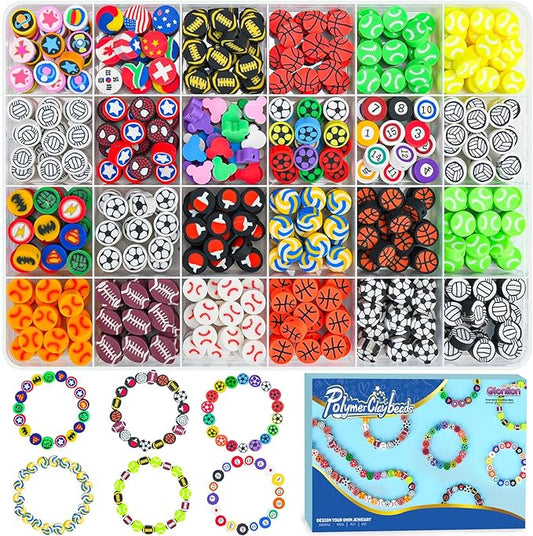 Gionlion Sports Polymer Clay Beads Bracelet Making Kit, Clay Beads with Basketball, Soccer, Baseball, and Football Designs for DIY Jewelry & Craft Projects