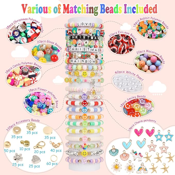 Girls Bracelet Making Kit,Friendship Bracelet Kit Gifts for Teen Girls,Clay Beads&Glass Seed Beads&Pony Beads with Charms,Art and Craft Gifts for Christmas,Toys for Teens